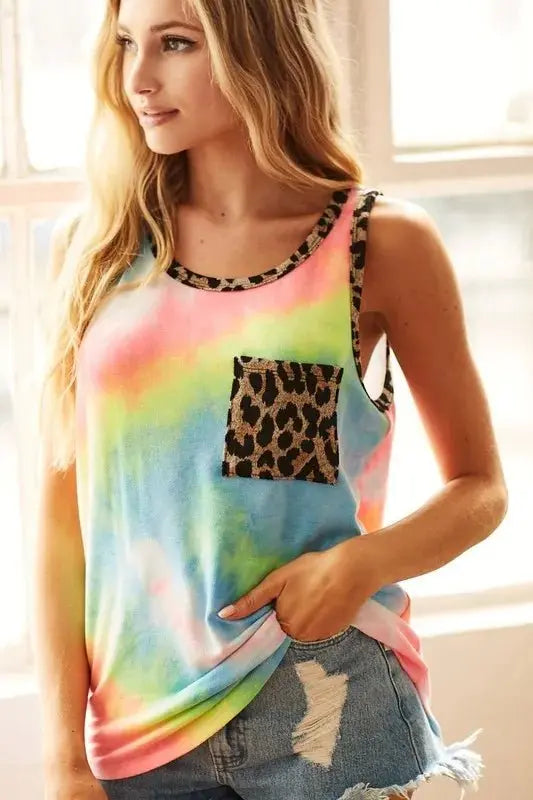 Tank Top - Tie Dye Leopard Print - Casual Sleeveless
