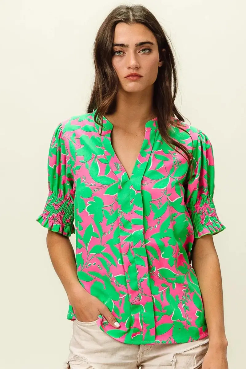 Smocked Floral Top - Stylish Cuffs - Fashion Blouse