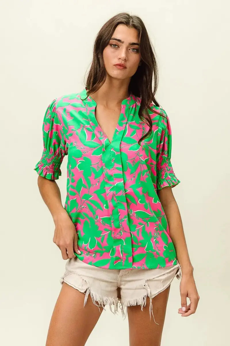 Smocked Floral Top - Stylish Cuffs - Fashion Blouse