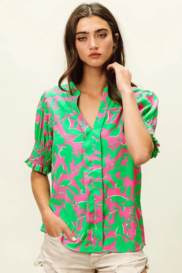 Smocked Floral Top - Stylish Cuffs - Fashion Blouse