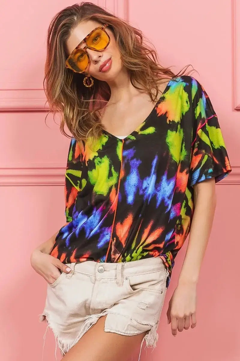 Trendsi Tie Dye V-Neck Top Women's Casual Jersey Tee - Soft & Stretchy