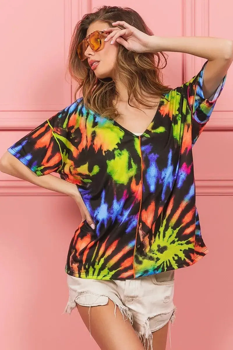 Trendsi Tie Dye V-Neck Top Women's Casual Jersey Tee - Soft & Stretchy