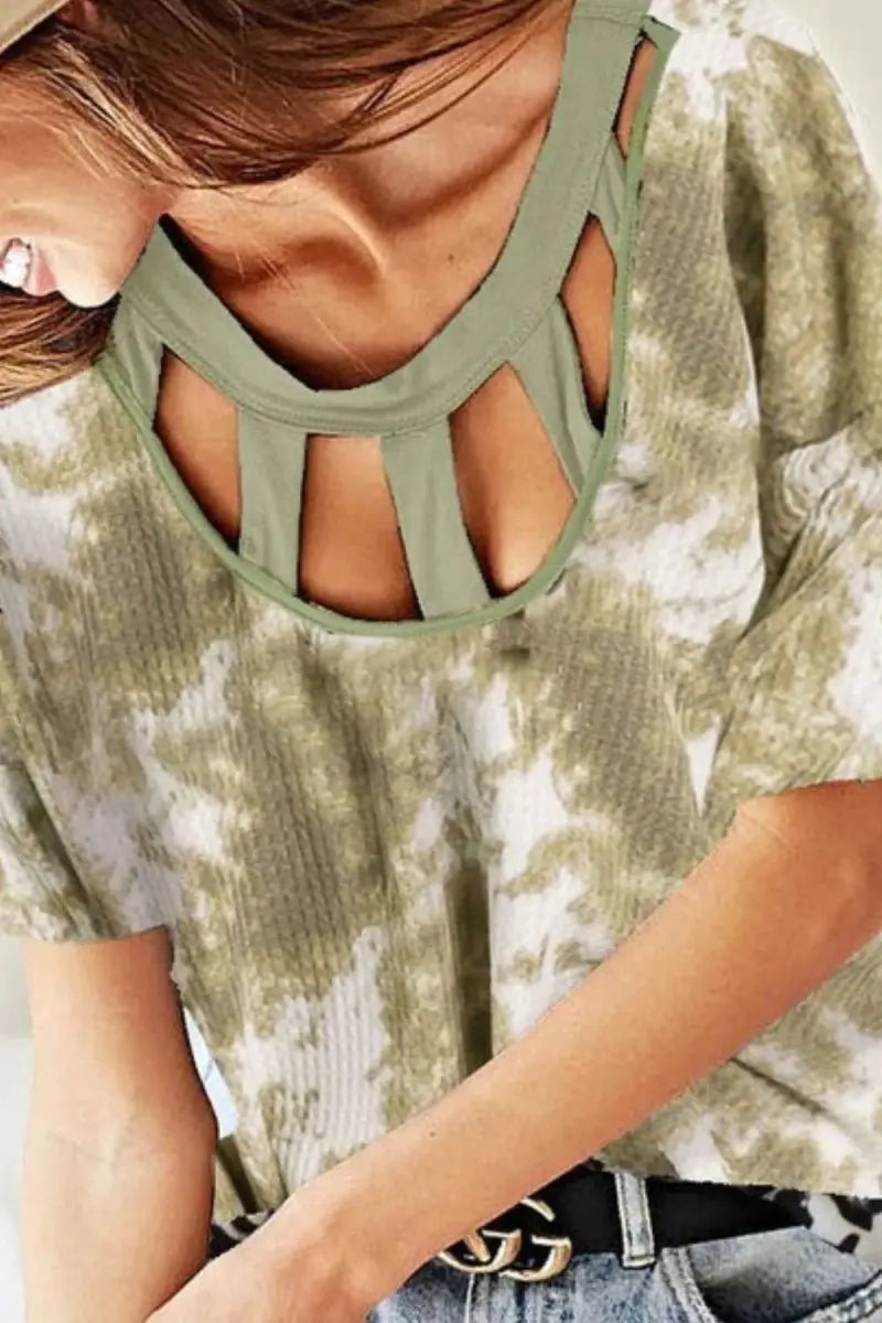 Trendsi Tie Dye Waffle Top Women's Casual T-Shirt Contrast Neck Cute