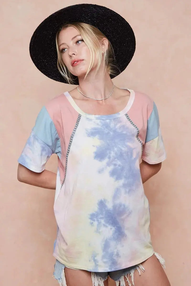 Trendsi Tie Dye Color Block Women's T-Shirt USA Shipped Cotton Tee