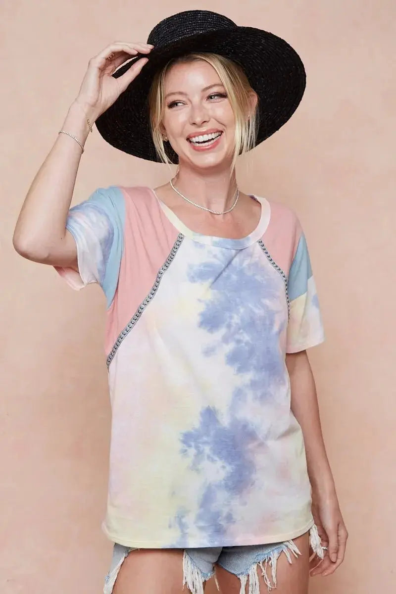 Trendsi Tie Dye Color Block Women's T-Shirt USA Shipped Cotton Tee