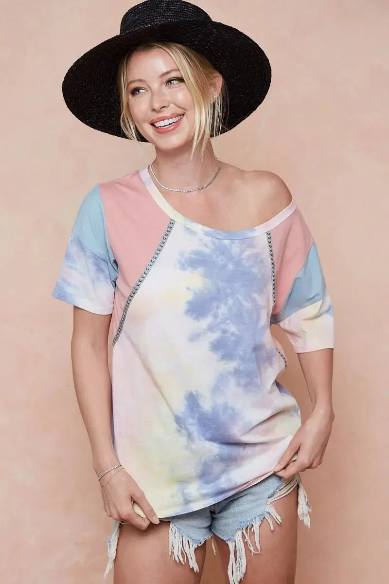 Trendsi Tie Dye Color Block Women's T-Shirt USA Shipped Cotton Tee