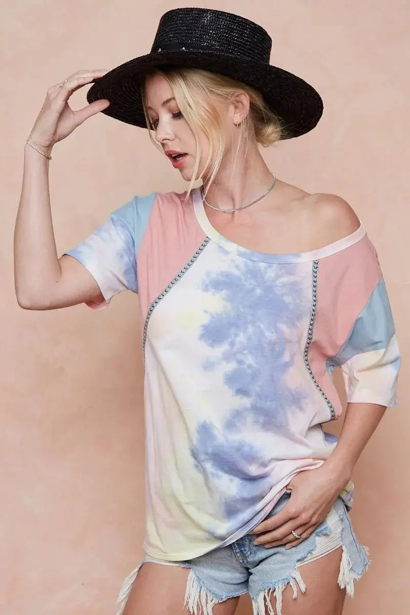 Trendsi Tie Dye Color Block Women's T-Shirt USA Shipped Cotton Tee