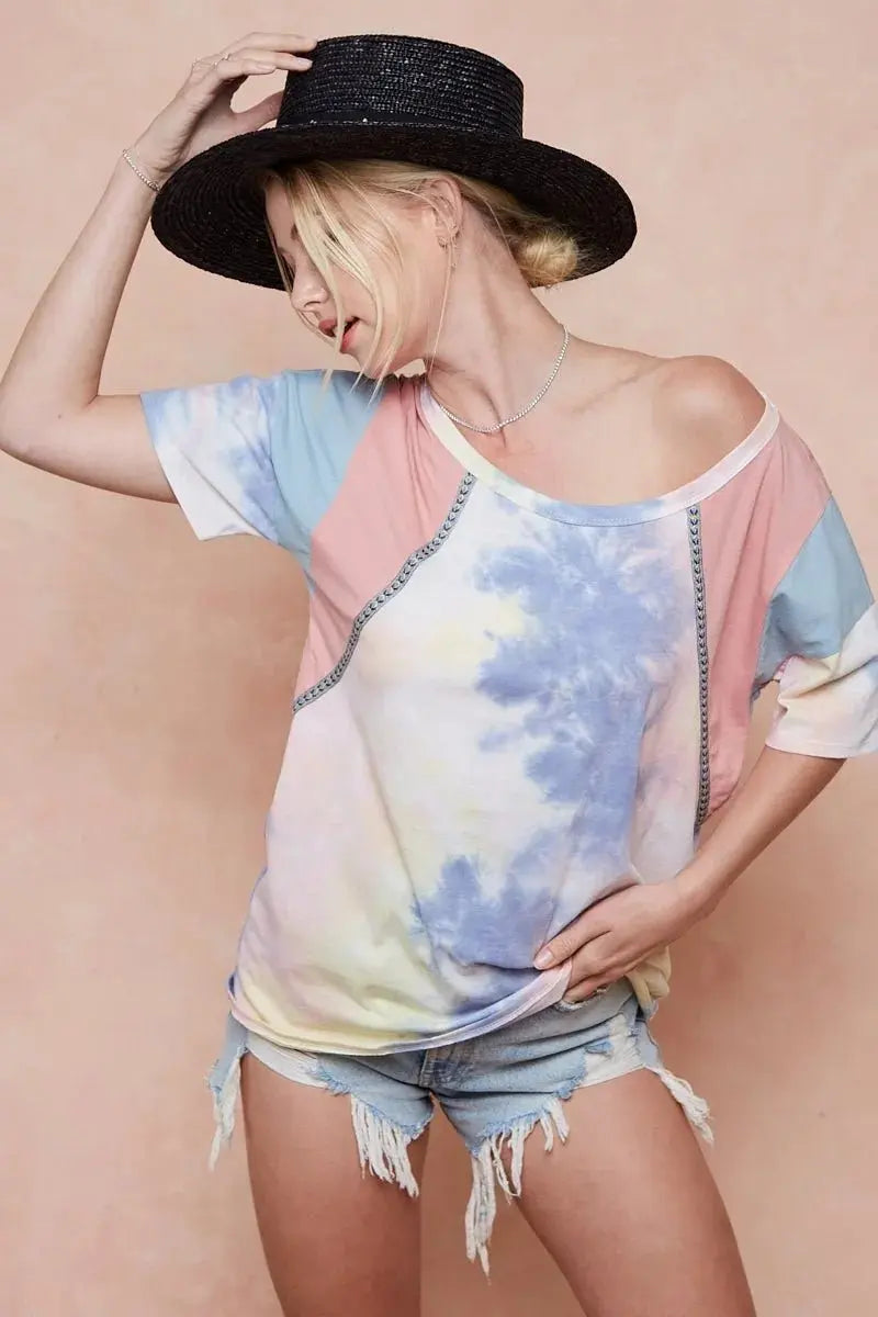Trendsi Tie Dye Color Block Women's T-Shirt USA Shipped Cotton Tee