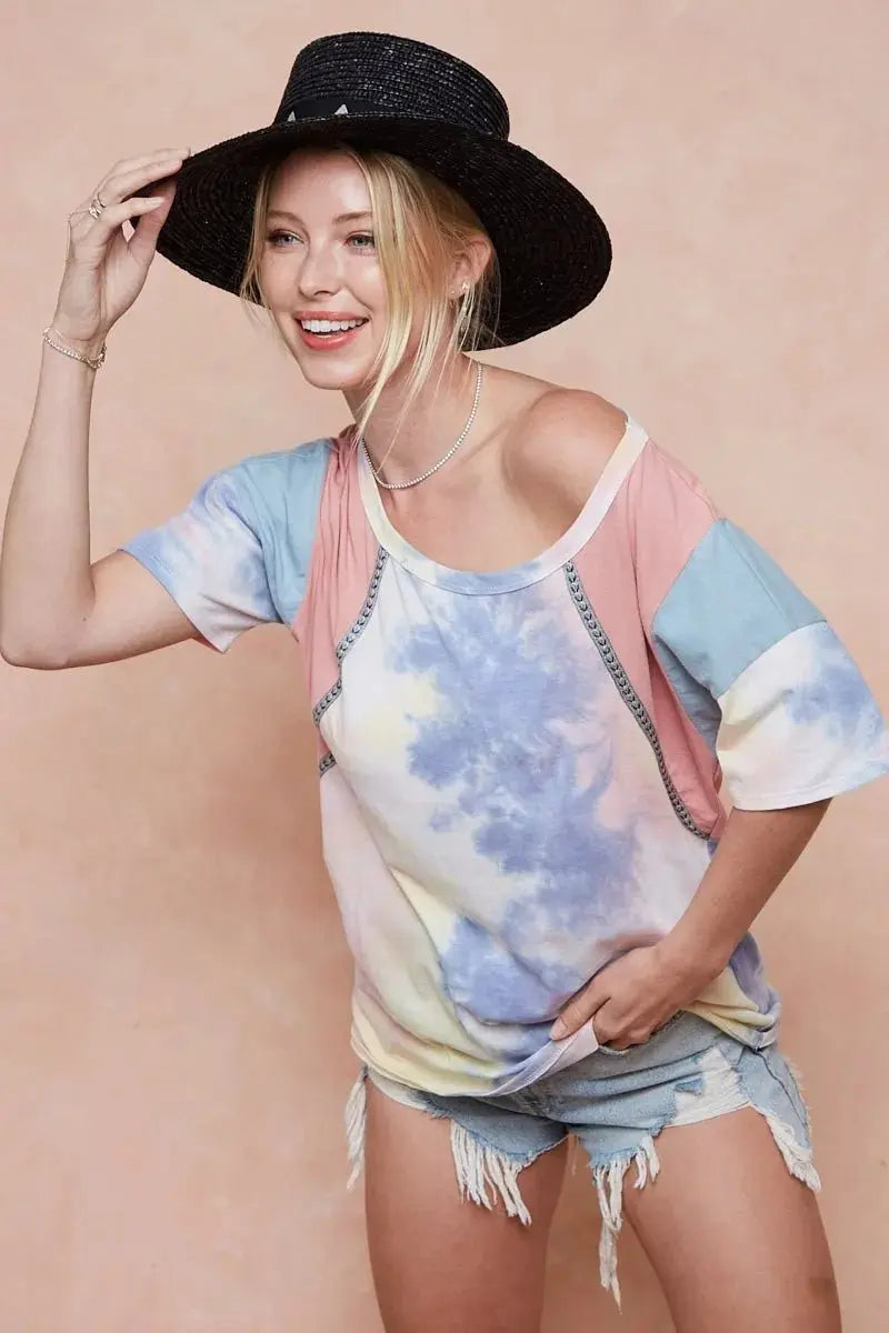 Trendsi Tie Dye Color Block Women's T-Shirt USA Shipped Cotton Tee