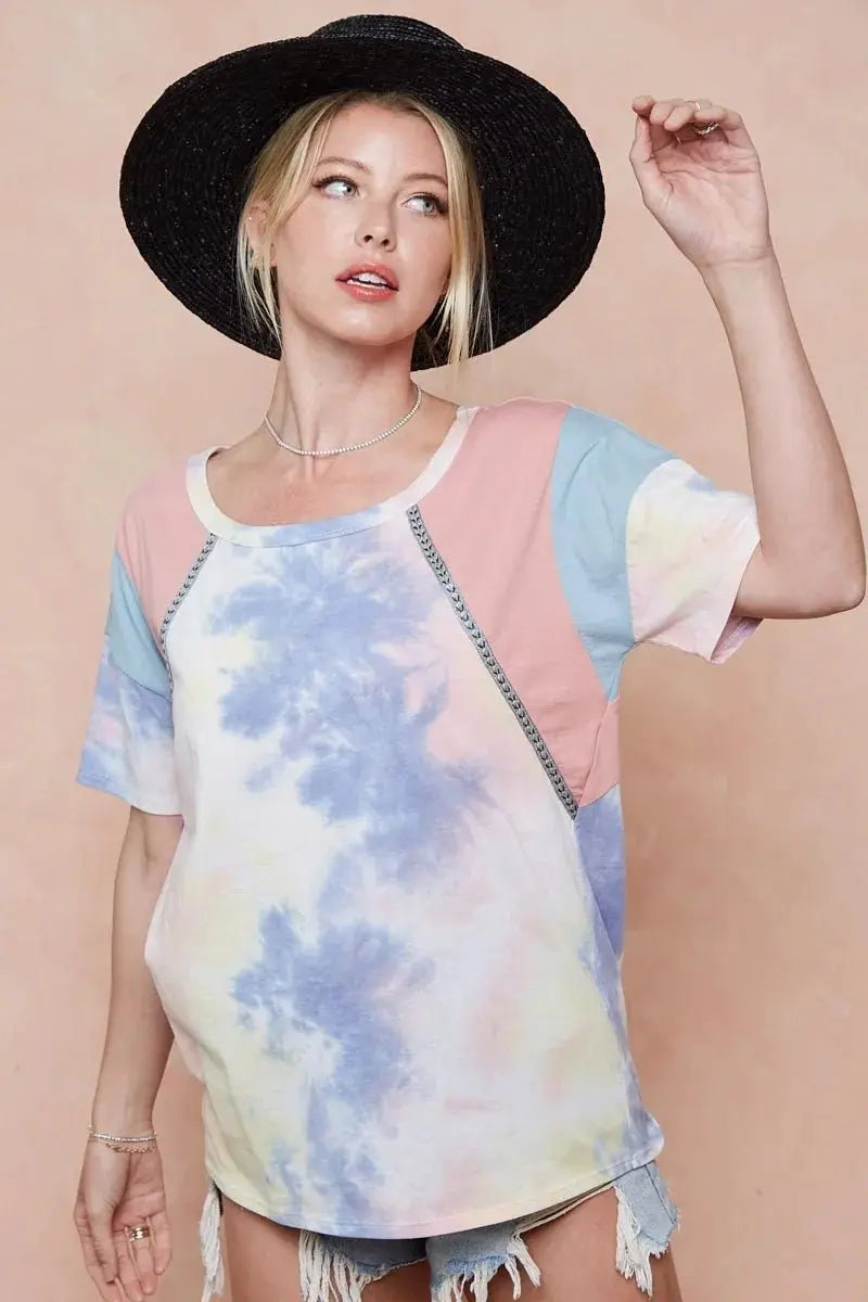 Trendsi Tie Dye Color Block Women's T-Shirt USA Shipped Cotton Tee