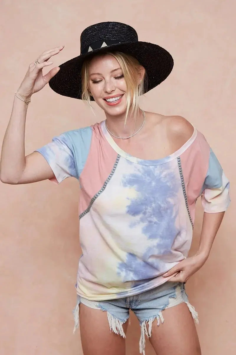 Trendsi Tie Dye Color Block Women's T-Shirt USA Shipped Cotton Tee