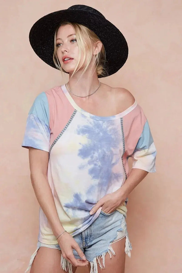 Trendsi Tie Dye Color Block Women's T-Shirt USA Shipped Cotton Tee