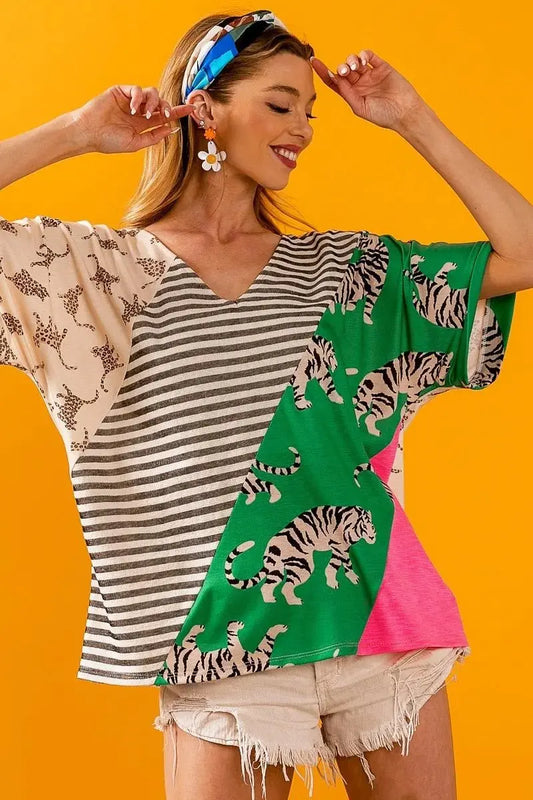 Trendsi BiBi W Stripe Top Women's Casual V-Neck Tee - Contrast Color Block, USA Ship