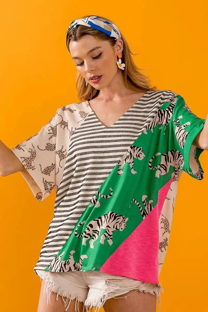 Trendsi BiBi W Stripe Top Women's Casual V-Neck Tee - Contrast Color Block, USA Ship