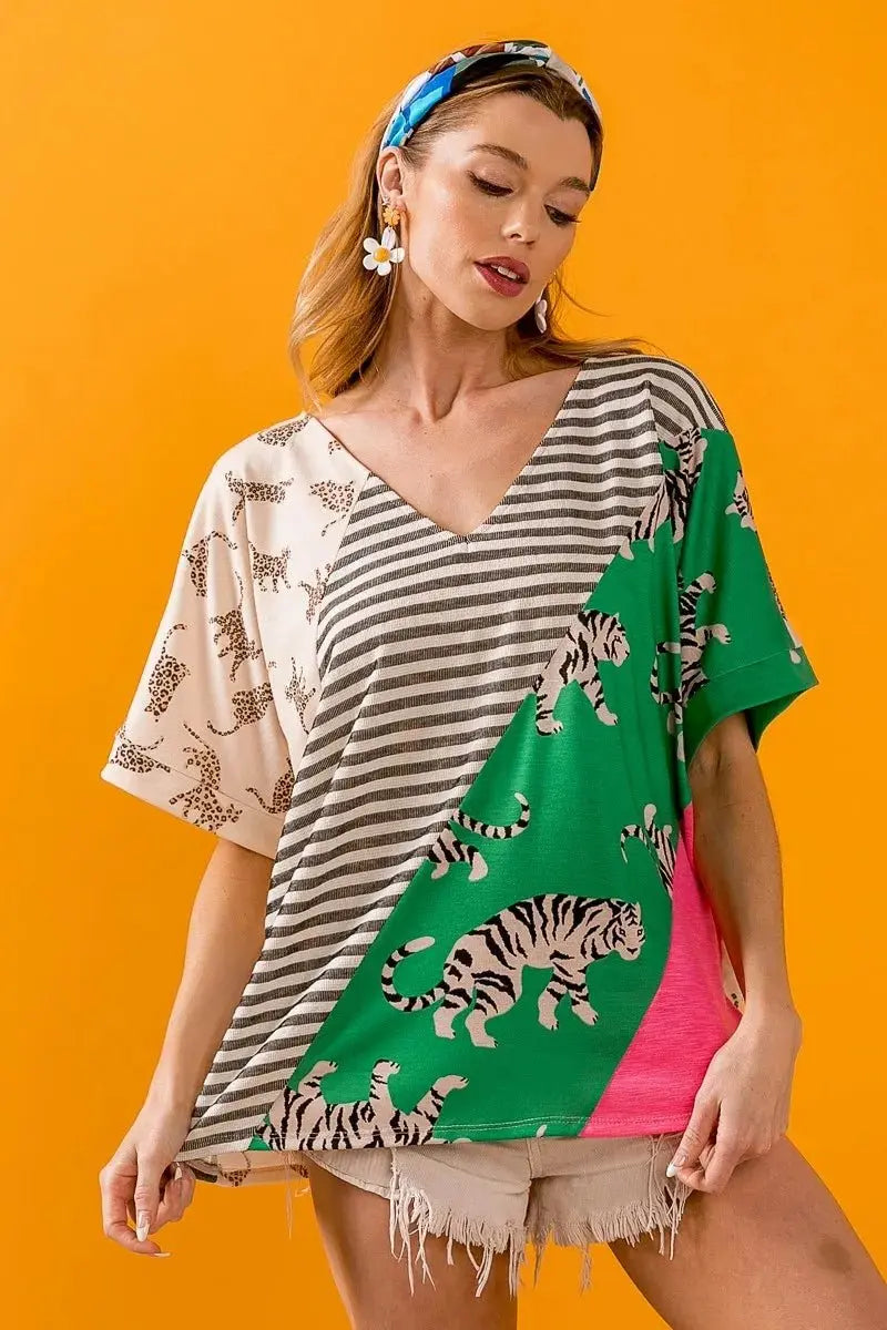 Trendsi BiBi W Stripe Top Women's Casual V-Neck Tee - Contrast Color Block, USA Ship