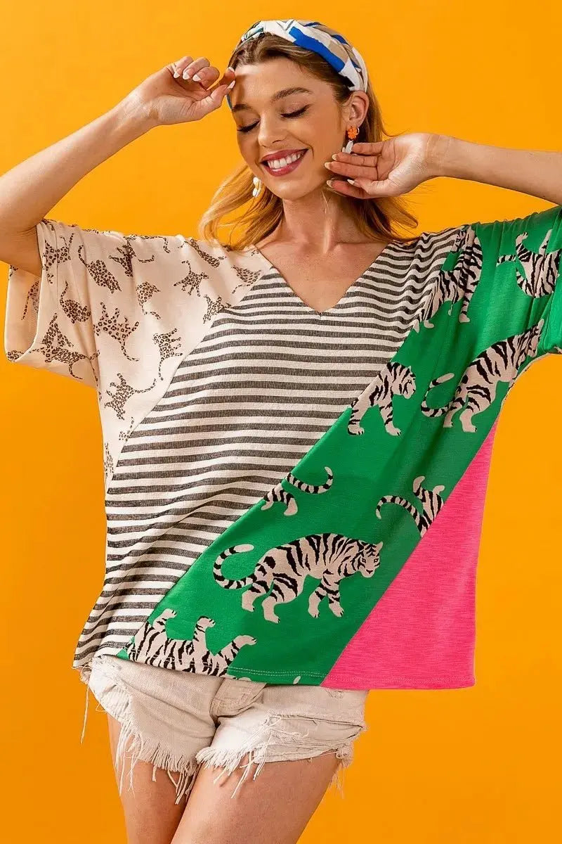 Trendsi BiBi W Stripe Top Women's Casual V-Neck Tee - Contrast Color Block, USA Ship