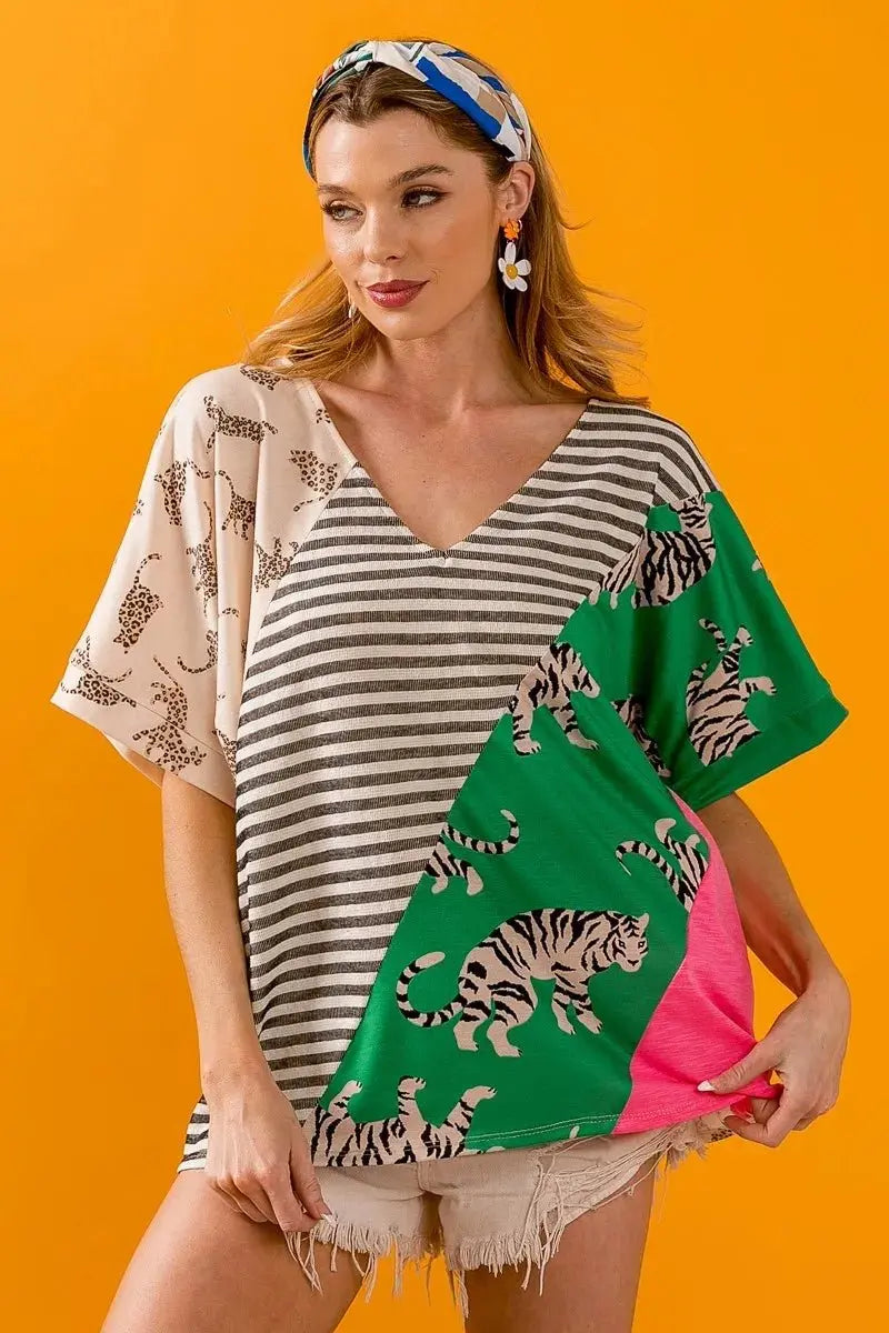 Trendsi BiBi W Stripe Top Women's Casual V-Neck Tee - Contrast Color Block, USA Ship