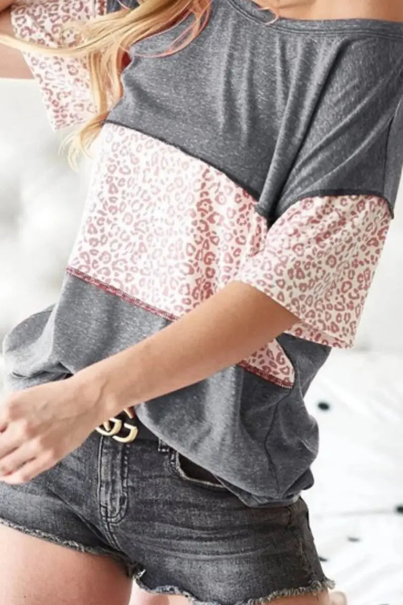 Trendsi Leopard Knit Top Women's Casual Tee Soft Triblend, USA Shipped