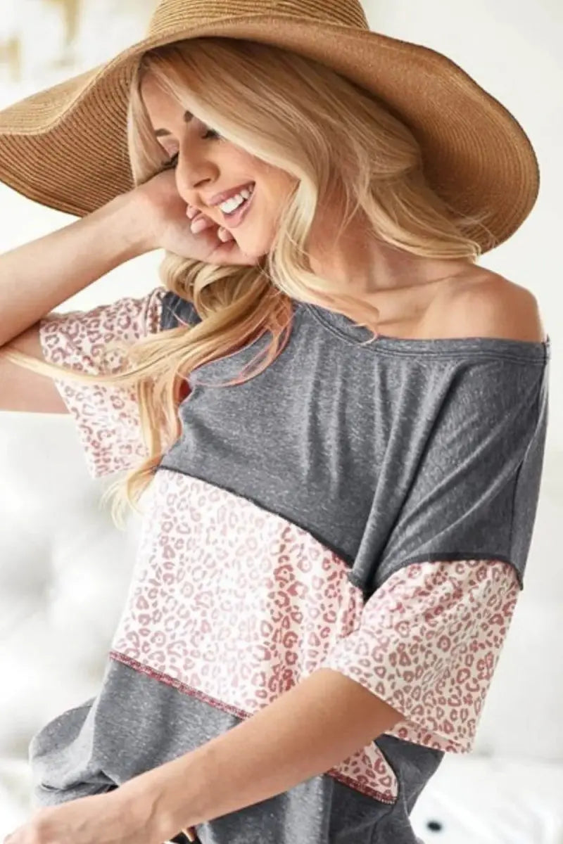 Trendsi Leopard Knit Top Women's Casual Tee Soft Triblend, USA Shipped