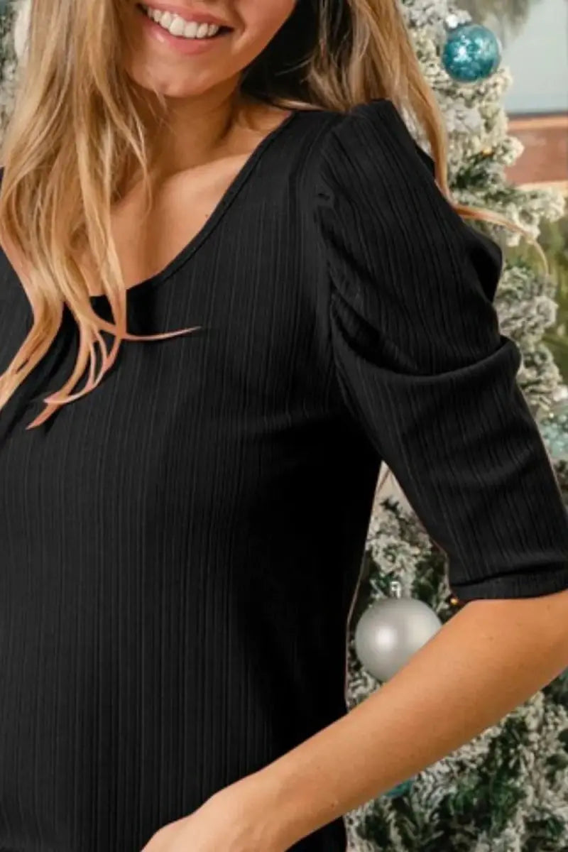 Rib Knit Set - Puff Sleeve Top & Shorts - Casual