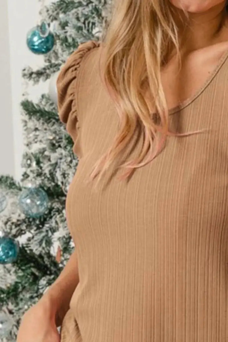 Trendsi Rib Knit Set Women's Casual Top & Shorts Set Puff Sleeves USA Shipped