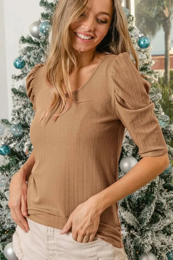 Trendsi Rib Knit Set Women's Casual Top & Shorts Set Puff Sleeves USA Shipped