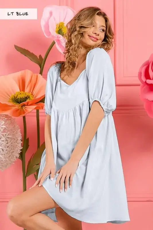 Linen Midi Dress - Puff Sleeve Tiered - Casual Summer Style