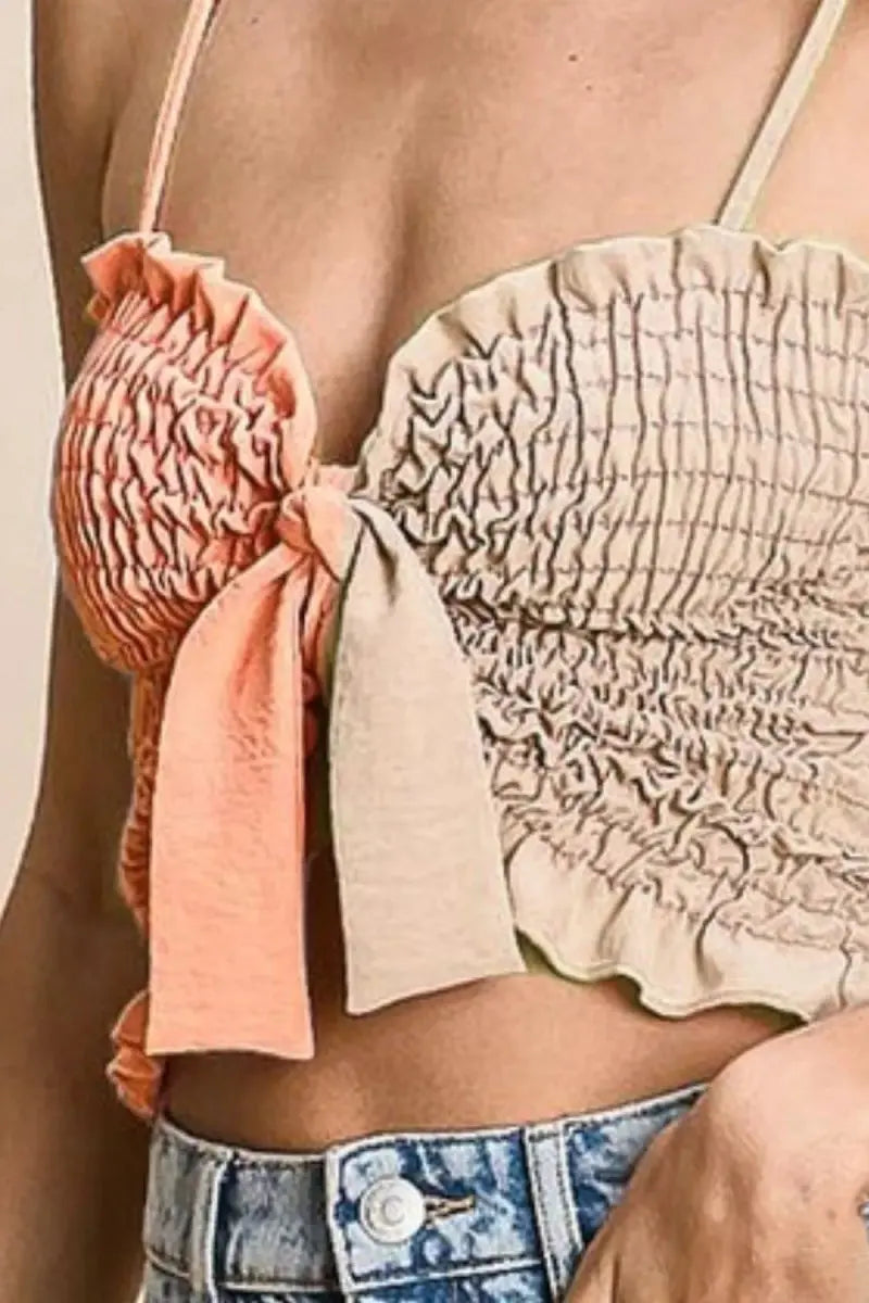 Trendsi Woven Color Block Top Women's Casual Smocked Bra Top with Ribbon Detail