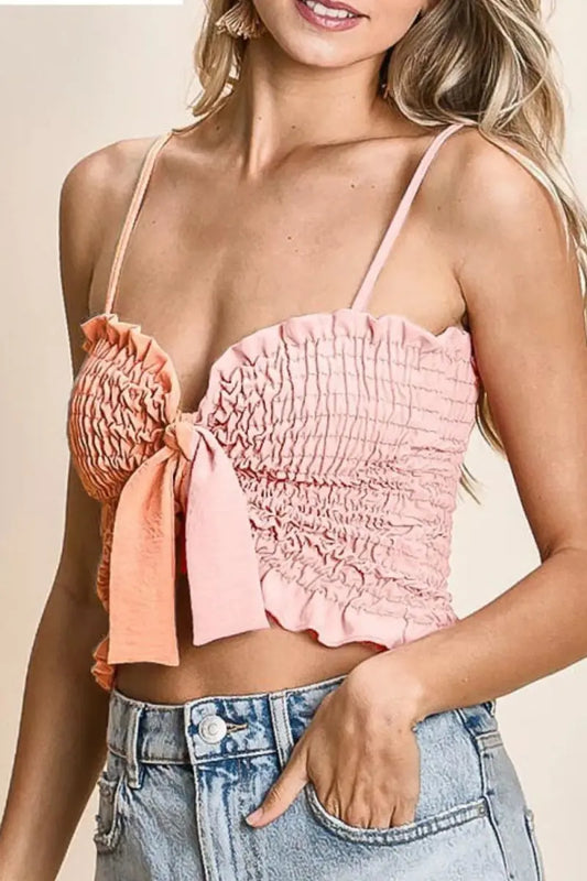 Trendsi Woven Color Block Bra Top Women's Summer Casual Smocked Ribbon Detail Tank