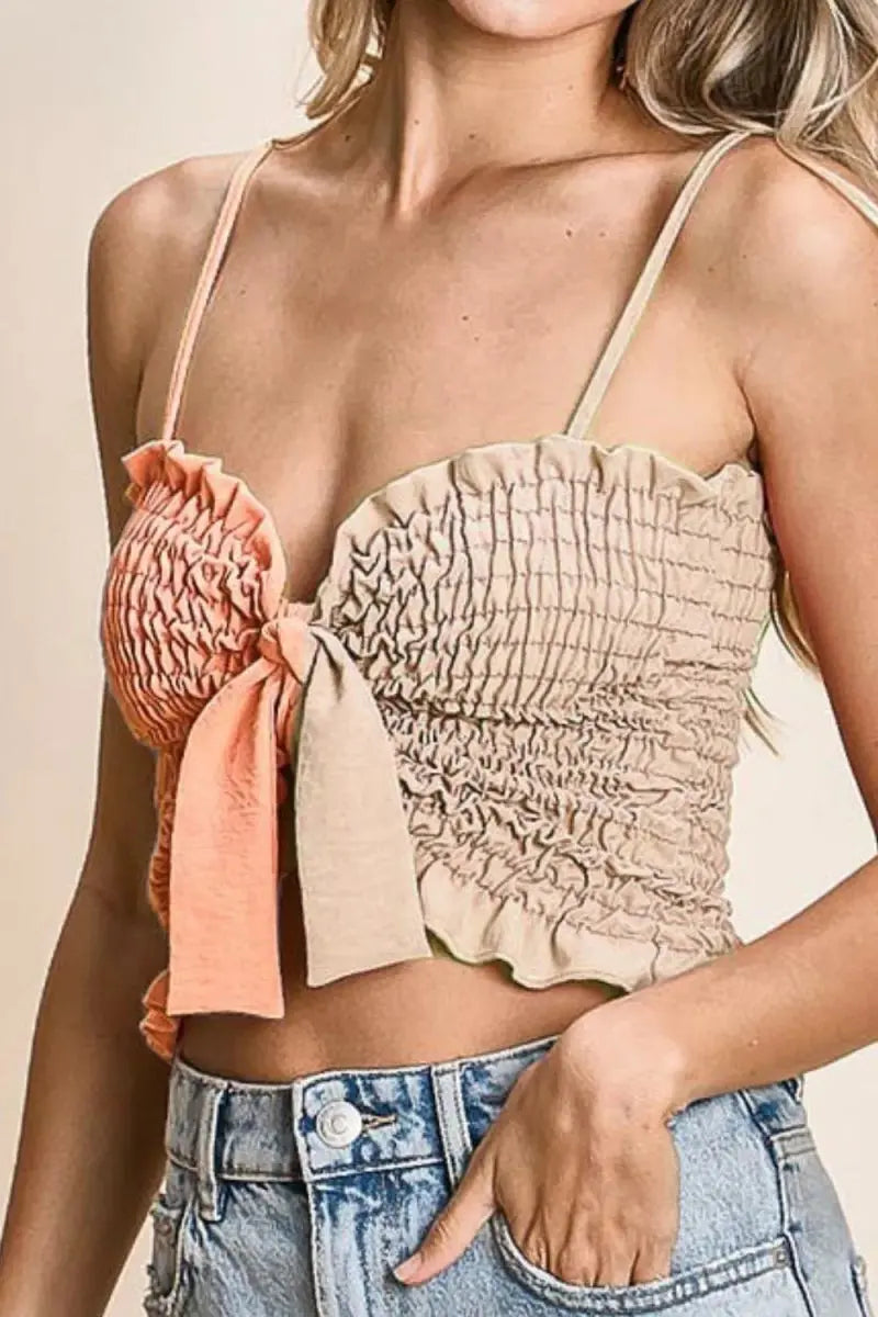 Trendsi Woven Color Block Top Women's Casual Smocked Bra Top with Ribbon Detail