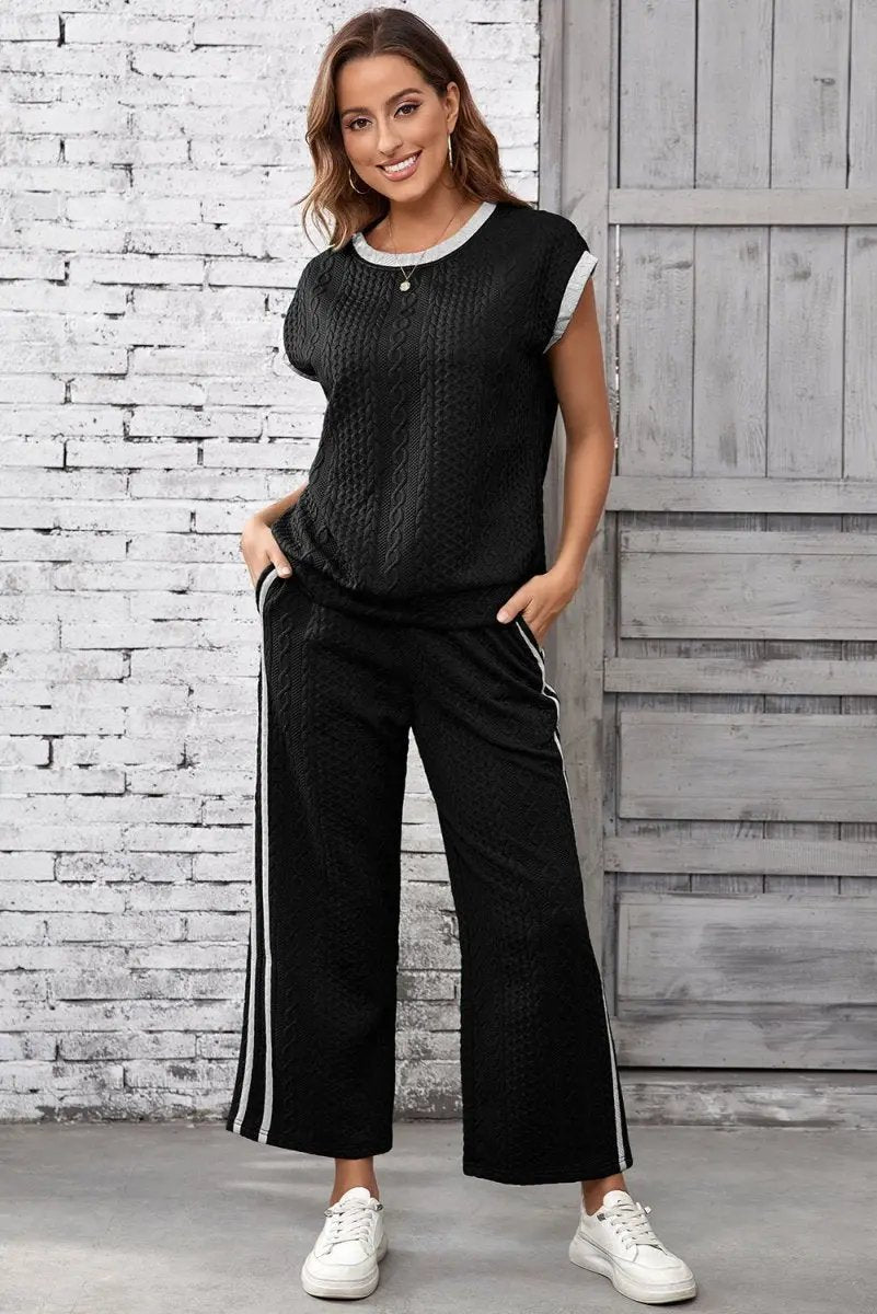 Love Salve Black Cable Knit Set Women's Daily Wear Lounge Set - Soft & Textured