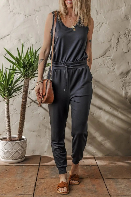 Jumpsuit - Tie Waist Pocketed - Casual Jogger Romper
