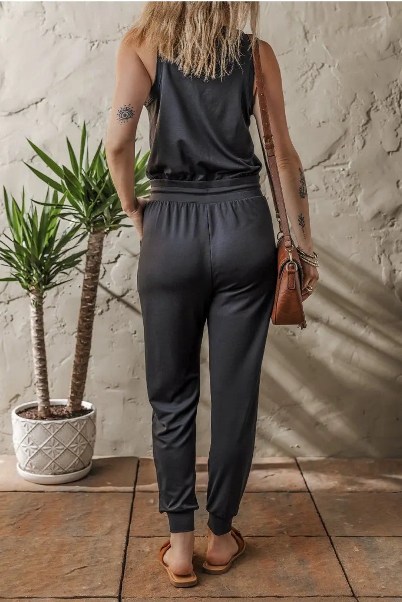 Jumpsuit - Tie Waist Pocketed - Casual Jogger Romper