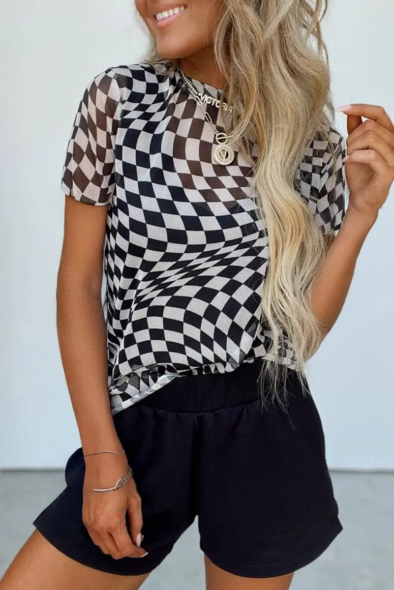 Love Salve Black Checker Mesh Women's Fashion Daily Top: Sheer, Casual T-Shirt