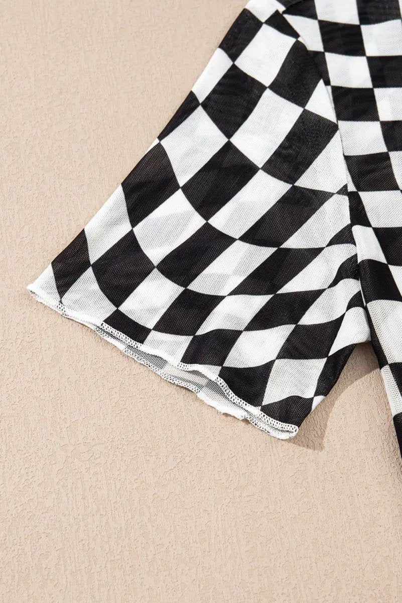 Love Salve Black Checker Mesh Women's Fashion Daily Top: Sheer, Casual T-Shirt