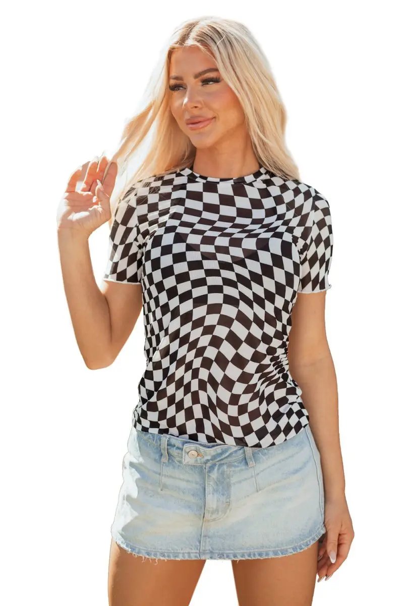 Love Salve Black Checker Mesh Women's Fashion Daily Top: Sheer, Casual T-Shirt
