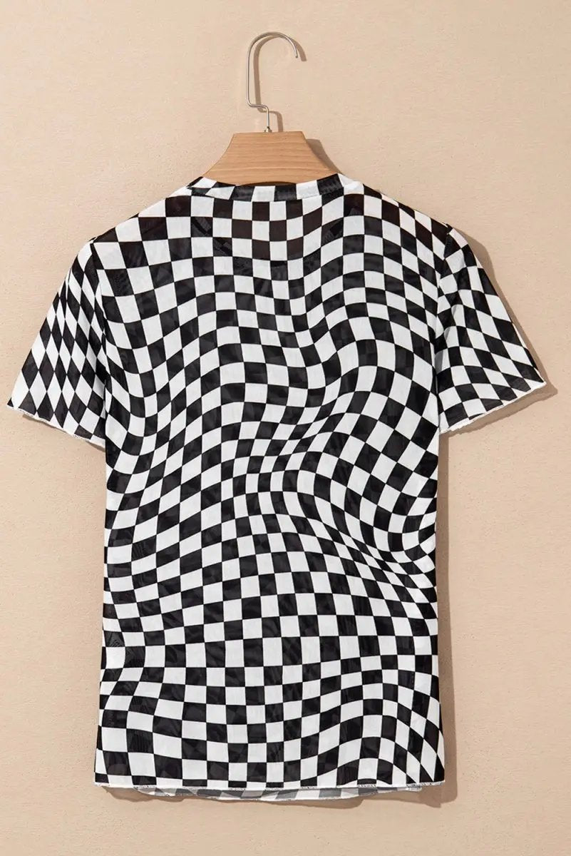 Love Salve Black Checker Mesh Women's Fashion Daily Top: Sheer, Casual T-Shirt
