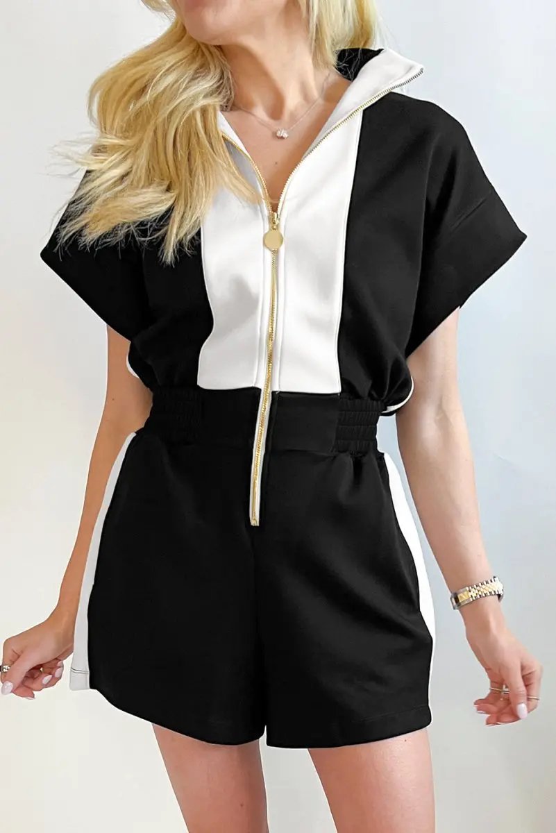Love Salve Black Romper Women's Casual Summer Outfit - Contrast Collar, Zip Front