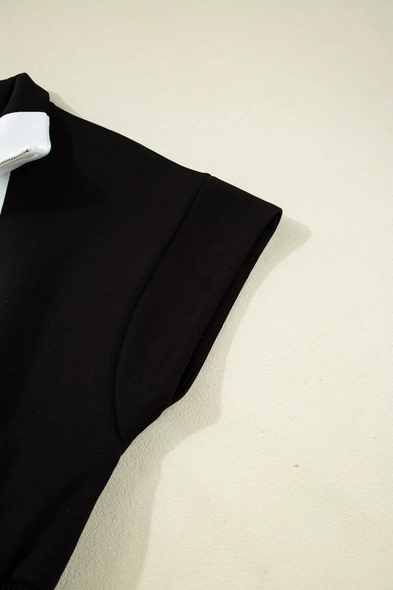 Love Salve Black Romper Women's Casual Summer Outfit - Contrast Collar, Zip Front