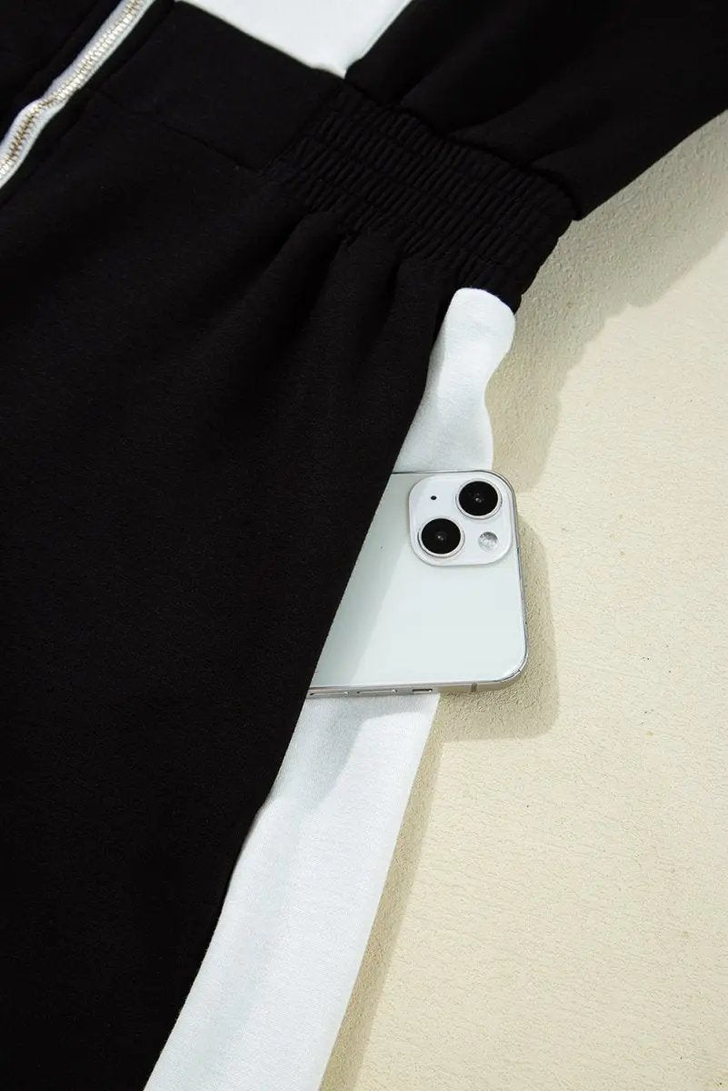 Love Salve Black Romper Women's Casual Summer Outfit - Contrast Collar, Zip Front