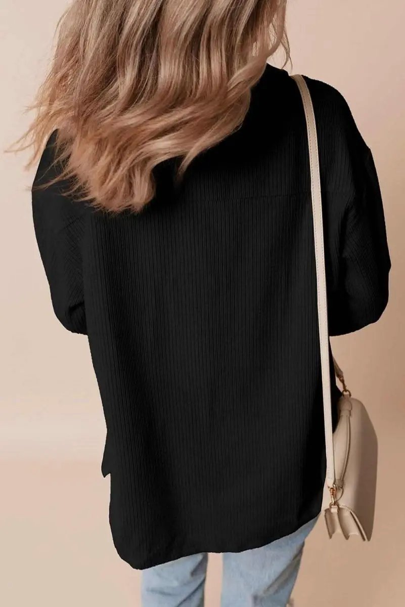 Love Salve Black Corduroy Shacket Women's Daily Casual Top: Flap Pockets, Button Up