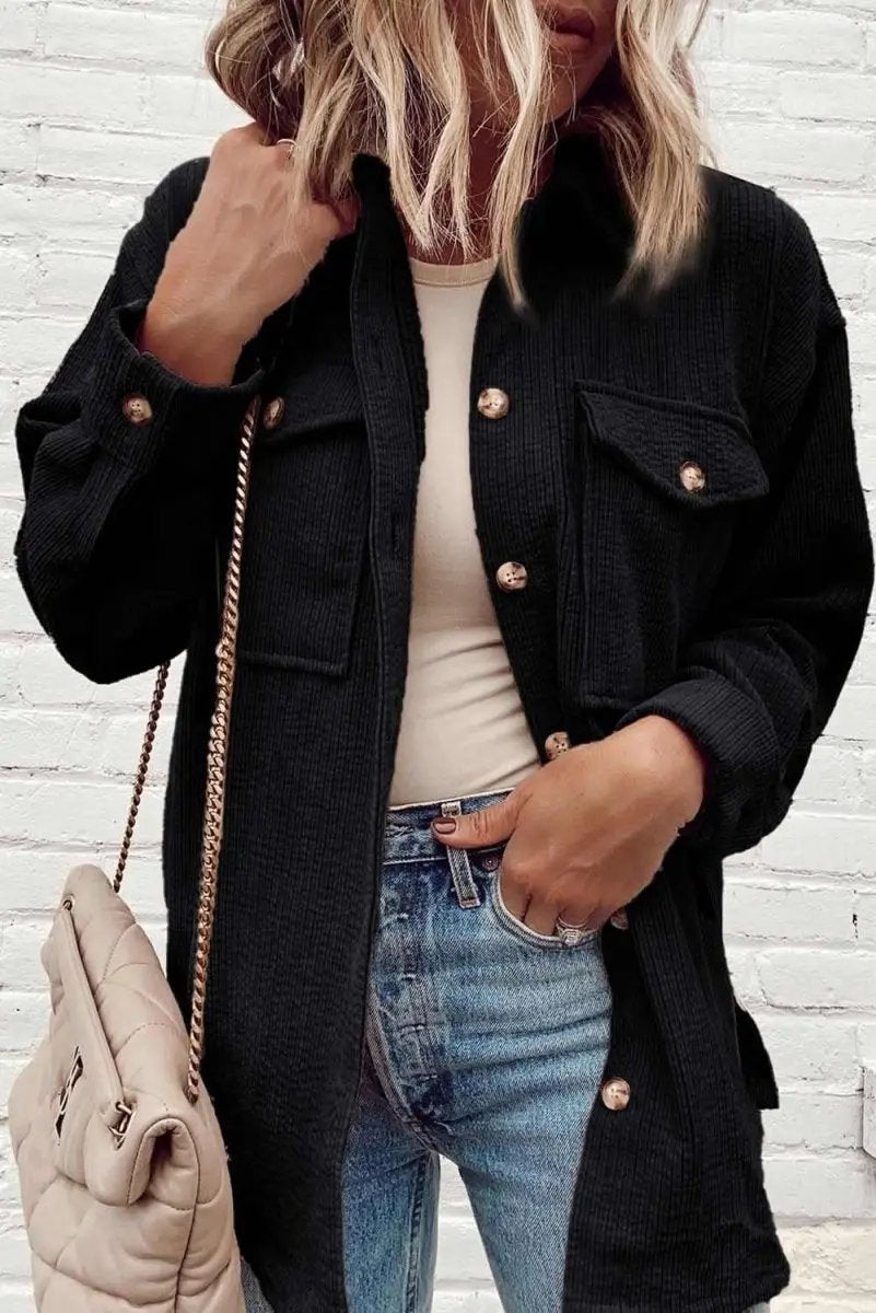 Love Salve Black Corduroy Shacket Women's Daily Casual Top: Flap Pockets, Button Up