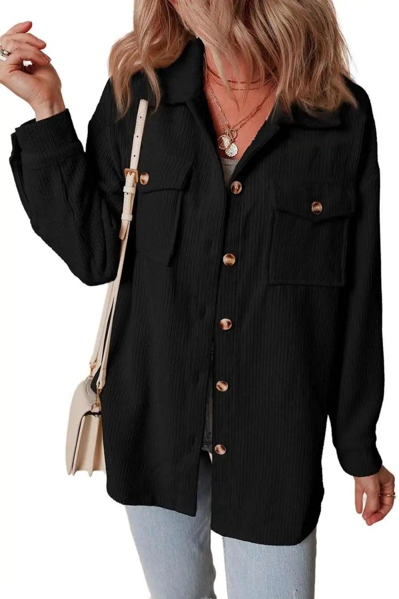 Love Salve Black Corduroy Shacket Women's Daily Casual Top: Flap Pockets, Button Up