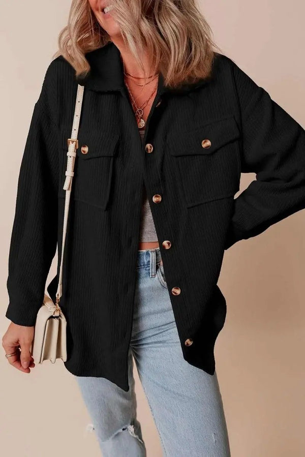Love Salve Black Corduroy Shacket Women's Daily Casual Top: Flap Pockets, Button Up