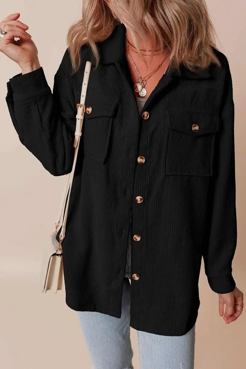 Love Salve Black Corduroy Shacket Women's Daily Casual Top: Flap Pockets, Button Up