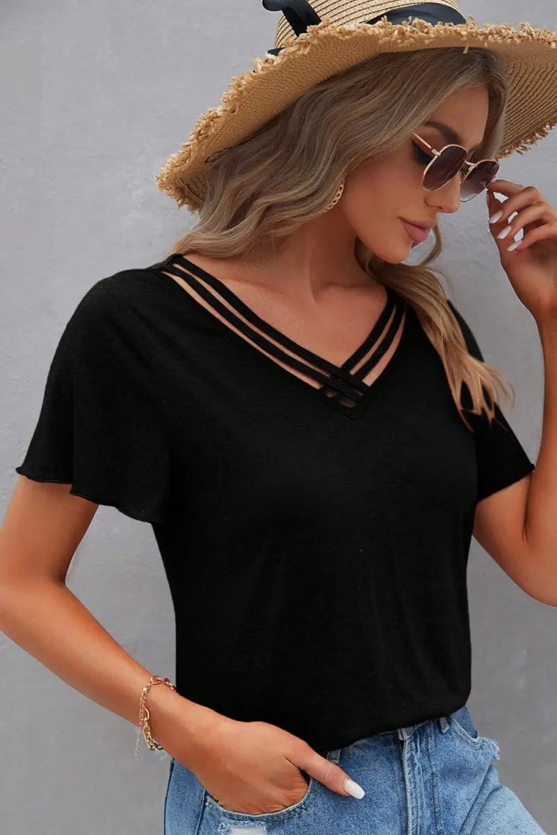 Love Salve Black Crisscross V-Neck Women's Butterfly Sleeve Tee: Chic & Comfy T-Shirt
