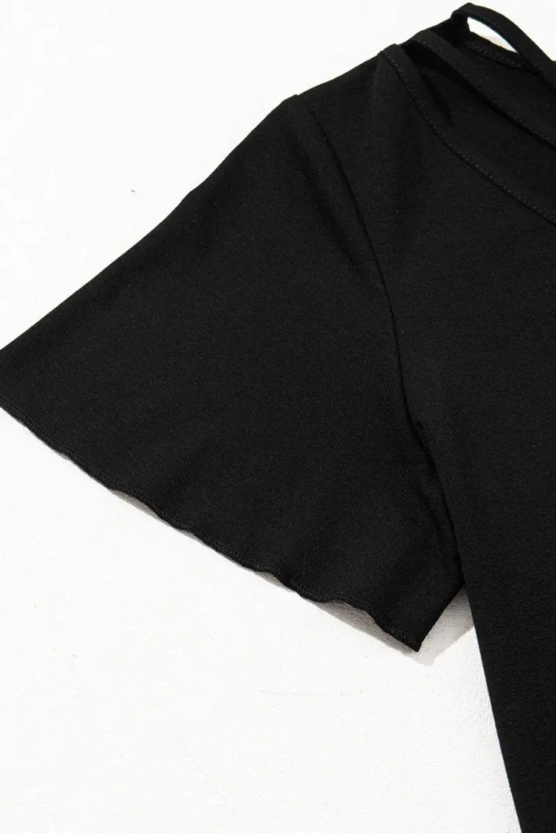 Love Salve Black Crisscross V-Neck Women's Butterfly Sleeve Tee: Chic & Comfy T-Shirt