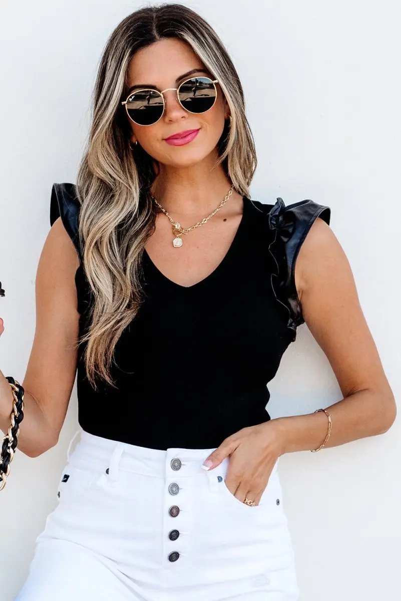 Love Salve Black Leatherette Bodysuit Women's Daily Wear Ribbed V Neck Top Ruffle Sleeve