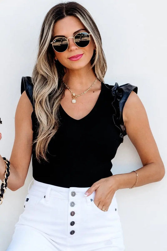 Love Salve Black Leatherette Bodysuit Women's Daily Wear Ribbed V Neck Top Ruffle Sleeve
