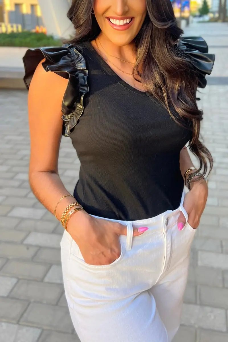 Love Salve Black Leatherette Bodysuit Women's Daily Wear Ribbed V Neck Top Ruffle Sleeve